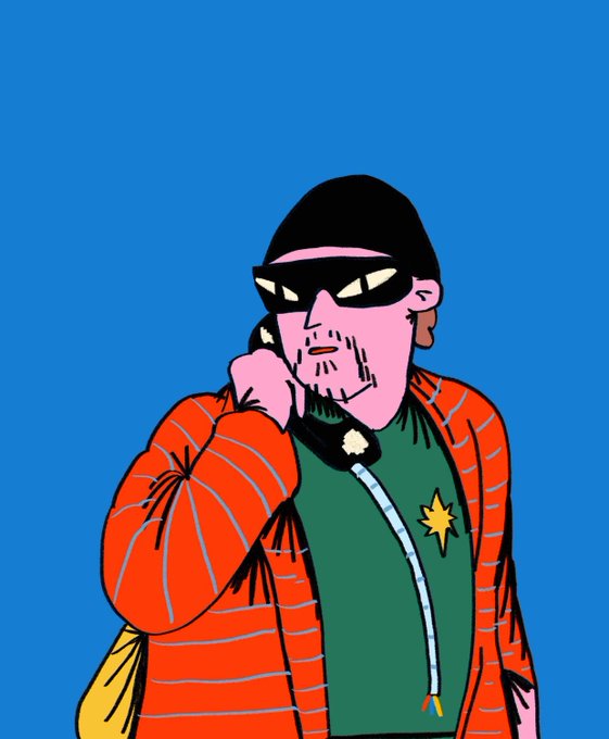 A cartoon-style illustration of a bearded man in sunglasses and an orange jacket holding a phone to his ear against a bright blue background.