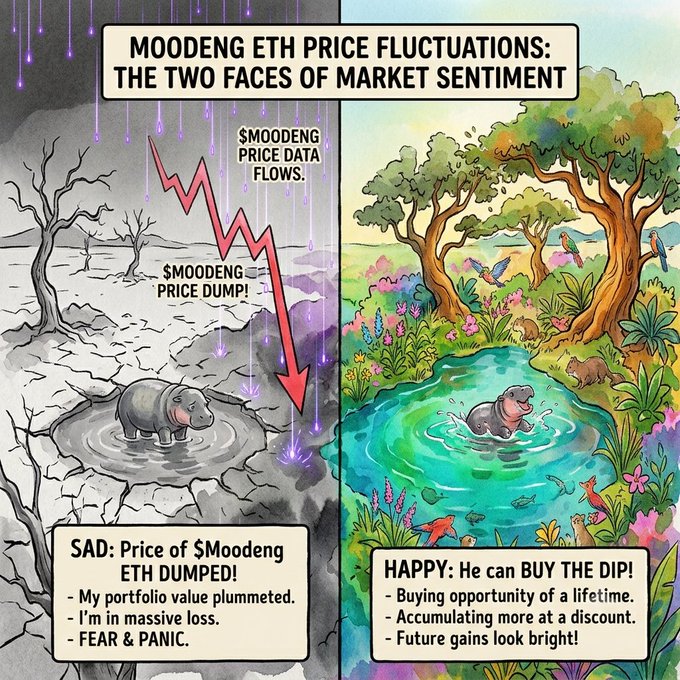 An illustrated infographic titled 'MOODENG ETH PRICE FLUCTUATIONS: THE TWO FACES OF MARKET SENTIMENT,' depicting a sad hippo in a wasteland (labeled SAD) and a happy hippo in a vibrant landscape (labeled HAPPY).