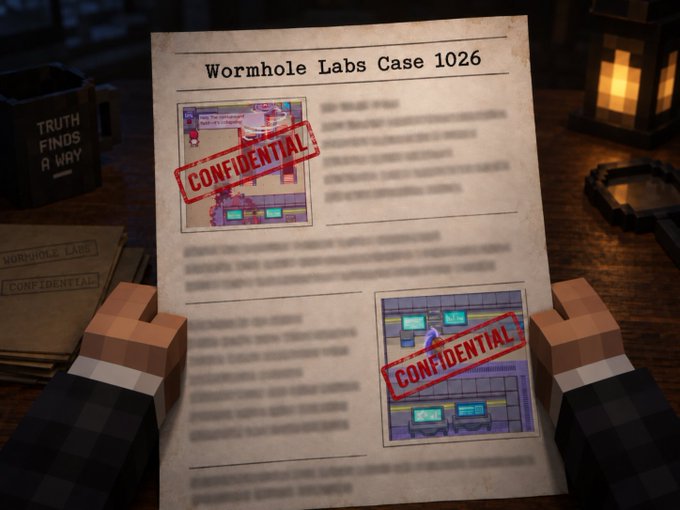 A Minecraft-themed 'Wormhole Labs Case 1026' document stamped CONFIDENTIAL is held up, with pixel art images and a box reading 'TRUTH FINDS A WAY' visible in the background.