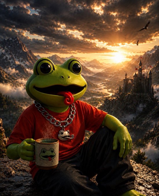 A 3D-rendered frog character in a red shirt and silver chain, holding a 'Point Coffee' mug, sitting on a rocky outcrop overlooking a fantasy landscape with a castle and sunset.
