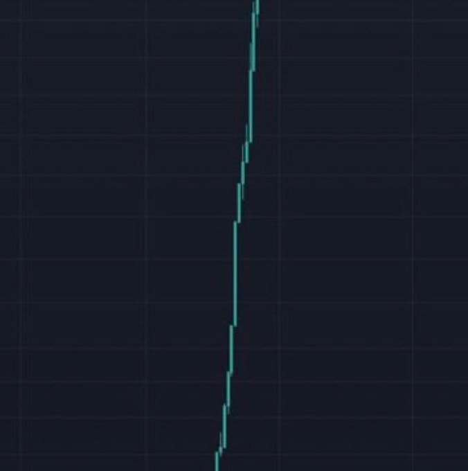 A nearly vertical line chart on a dark grid background showing a steep, narrow price spike—visualizing the "1000X" pump-and-dump pump being promoted in the Telegram group. The image reinforces the unrealistic "next 1000X" promise by displaying a single dramatic vertical surge, a classic hallmark of hype-driven altcoin promotions.