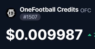 A screenshot showing 'OneFootball Credits OFC #1507' with a value of '$0.00987' and a green up arrow.