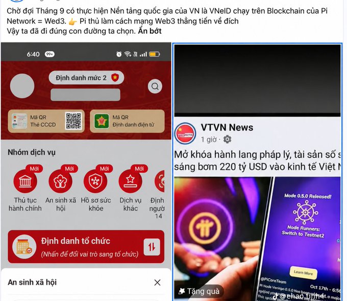A split image showing a Vietnamese government service app called VNeID on the left and a VTVN News Facebook post about a digital economy on the right, with Vietnamese text above mentioning Pi Network, VNeID, and Blockchain.