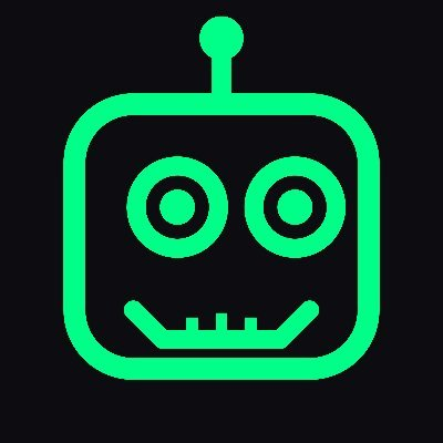 A green pixel-art robot icon with two circular eyes, a smiling mouth, and an antenna on its head against a black background.