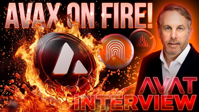 A YouTube thumbnail featuring a man alongside an AVAX (Avalanche) crypto coin engulfed in flames, with bold text reading "AVAX ON FIRE!" and "AVAT INTERVIEW." The fiery design visually reinforces the "AVAX up NEXT" announcement, promoting the interview with @gbartsmith from @avat_co.