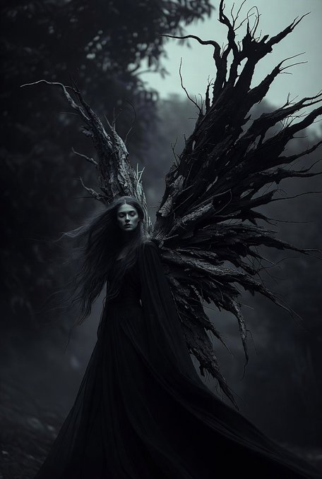 A dark, gothic digital artwork depicting a pale, long-haired figure in a black gown standing among gnarled, leafless trees in a misty forest.