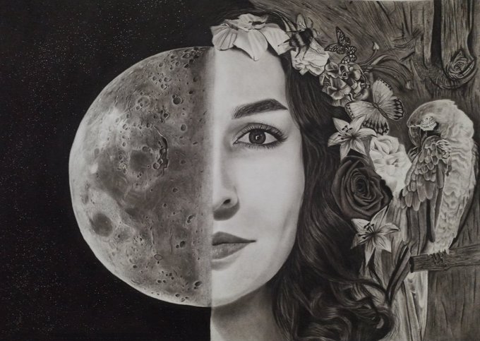 A black-and-white surreal artwork depicts a woman's face seamlessly merging with a detailed cratered moon on one side and intricate flowers, a butterfly, and an owl on the other.