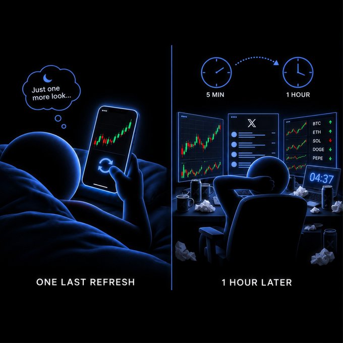 A two-panel illustration shows a blue-toned scene: on the left labeled "ONE LAST REFRESH", a person lies in bed checking crypto charts on their phone thinking "Just one more look..."; on the right labeled "1 HOUR LATER", the same person is hunched at a desk with multiple screens showing BTC, ETH, SOL, DOGE, and PEPE prices.