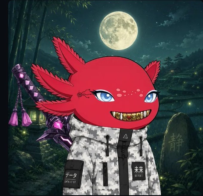 An anime-style illustration of a red axolotl-like creature wearing a digital camouflage hoodie with 'DATA/07' and Japanese text patches, standing in front of a moonlit bamboo forest.