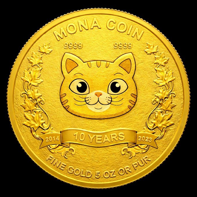 A 9999 fine gold 5 oz commemorative coin featuring "MONA COIN" with a cat face design, celebrating "10 YEARS" (2014-2023), used as a promotional visual for a MONA token airdrop on Solana.