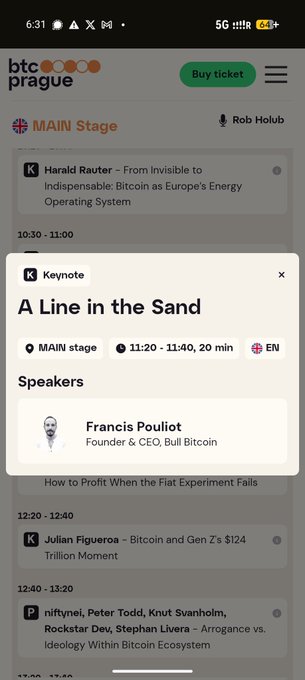 iphone screen displaying a Btc Prague event schedule, including speakers and time slots.