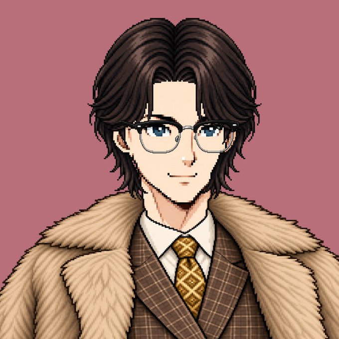 A pixel art illustration of a young man with brown hair and glasses, wearing a plaid suit, a patterned tie, and a tan fur-lined coat against a solid pink background.