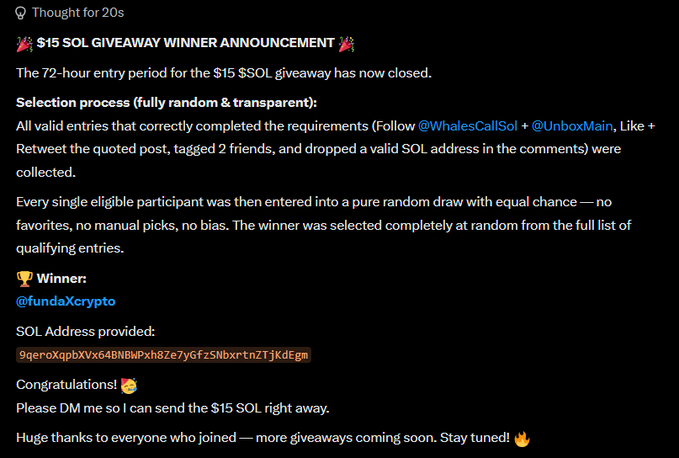 A Twitter/X post announcing the winner of a $15 SOL giveaway, claiming the selection was random and transparent, with the winner handle @fundaXcrypto.