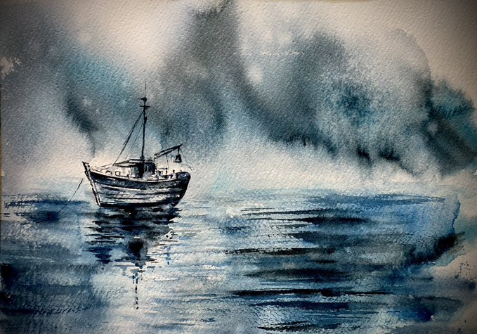 A moody blue and gray watercolor painting of a solitary fishing boat floating on the ocean under a cloudy sky.
