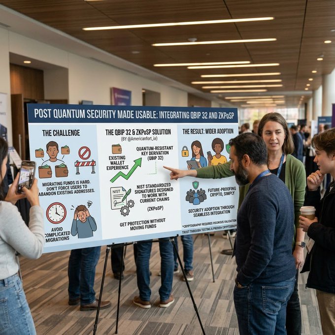 A conference poster titled 'POST QUANTUM SECURITY MADE USABLE: INTEGRATING QBIP 32 AND ZKPQSP' being presented to attendees at a tech event.