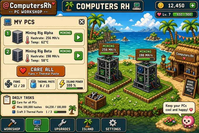 A mobile game screenshot for 'ComputersRh PC Workshop,' showing a mining simulator with rigs, daily tasks, and a tropical island setting.