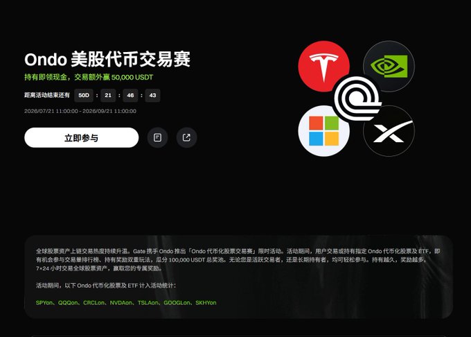 A promotional banner for the "Ondo 美股代币交易赛" (Ondo US Stock Token Trading Competition) offering up to 50,000 USDT in rewards, running from 2026/07/21 to 2026/09/21, featuring logos of Tesla, NVIDIA, Microsoft, Coinbase, and XRP alongside the Ondo logo. The image ties into the post's theme of memorable crypto trading moments, specifically highlighting the thrill of catching surges in tokenized US stocks like TSLAon, NVDAon, and GOOGLon.