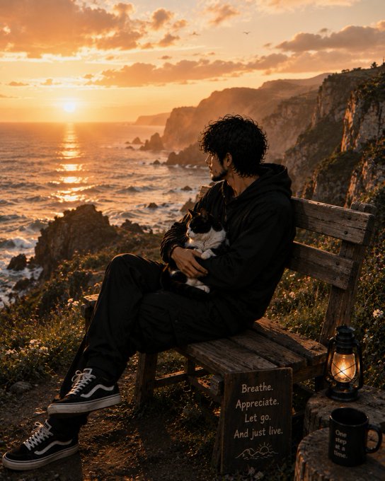 A man in a dark hoodie sits on a wooden bench at sunset by the ocean, holding a black and white cat, with a sign reading 'Breathe. Appreciate. Let go. And just live.'
