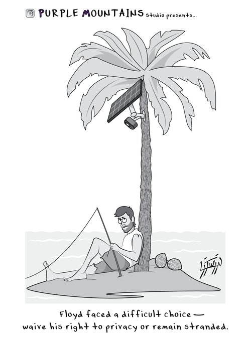 A comic by "PURPLE MOUNTAINS studio" showing a man stranded on a tiny island under a palm tree with a hidden surveillance camera. The caption reads "Floyd faced a difficult choice — waive his right to privacy or remain stranded."