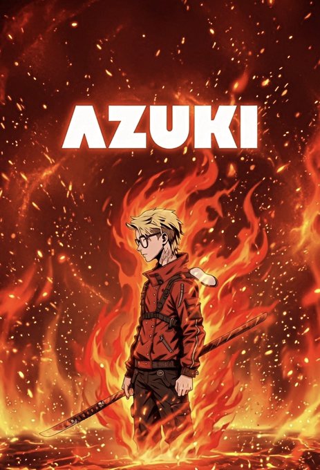 An anime-style poster with the title 'AZUKI' at the top, depicting a blonde character in a red jacket holding a sword, surrounded by flames.