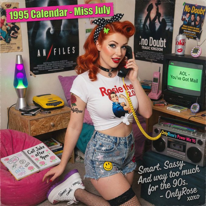 A 1995 calendar 'Miss July' image of a red-haired pin-up styled woman in a 90s-themed room with posters for The X-Files and No Doubt, and a TV showing 'AOL - You've Got Mail'.