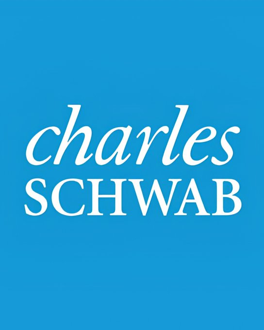 The image shows the Charles Schwab logo on a bright blue background, with the company name displayed in white text—"charles" in lowercase script and "SCHWAB" in uppercase serif font. The logo visually represents the company referenced in the post announcing that the $13 trillion financial services firm has launched Bitcoin and Ethereum trading for its eligible clients.