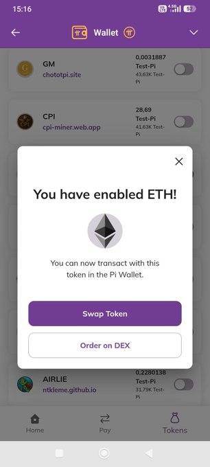 A Pi Network testnet wallet screenshot showing an "ETH enabled" confirmation popup with "Swap Token" and "Order on DEX" options, illustrating the post's claim that #ETH is now appearing as an enabled token in the Pi Wallet's emerging DeFi testnet environment.