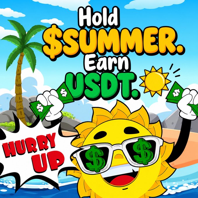A cartoon sun wearing dollar-sign sunglasses cheers with money bags on a tropical beach, with bold text reading "Hold $SUMMER. Earn USDT." and "HURRY UP" — visually promoting the newly launched Solana meme token $SUMMER highlighted in the post.