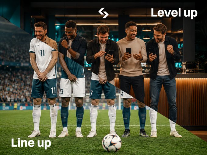 Five soccer players wearing jerseys numbered 11, 23, 7, 3, and an unlabeled kit stand on a field around a soccer ball, each looking at smartphones, with text reading "Line up" on the bottom left and "Level up" with a Bitget logo on the top right—visually reinforcing the Bitget "Universal Cup" tournament promotion where fans "line up" their favorite national teams and "level up" their matchday experience for a chance to win from a $250,000 USDT prize pool.