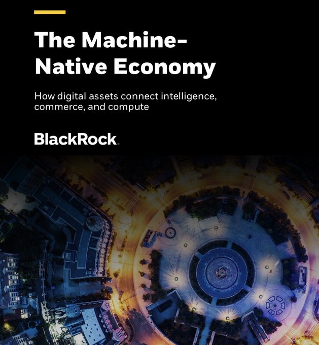 BlackRock's report cover titled "The Machine-Native Economy: How digital assets connect intelligence, commerce, and compute," featuring an aerial nighttime cityscape with colorful light trails, visually reinforces the firm's thesis that AI is emerging as a powerful catalyst for digital asset growth.