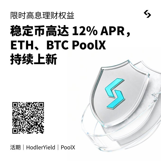 A Chinese promotional advertisement offering up to 12% APR stablecoin financial products, along with ETH and BTC PoolX, featuring a shield logo and a QR code.