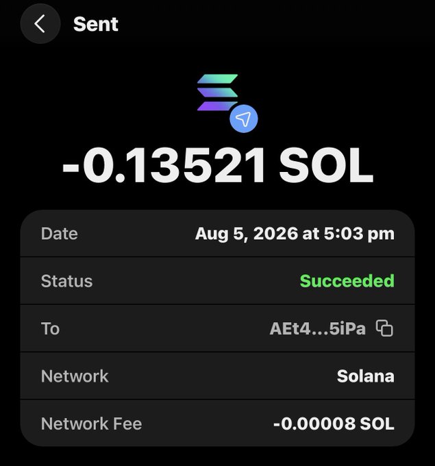 A crypto wallet transaction confirmation showing a sent amount of -0.13521 SOL to address AEt4...5iPa on the Solana network, with status "Succeeded" and a network fee of -0.00008 SOL, dated Aug 5, 2026.