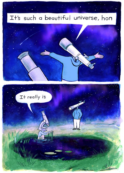 A two-panel comic depicting characters with telescope heads in space and near a pond; one character says 'It's such a beautiful universe, hon' and another responds 'It really is'.