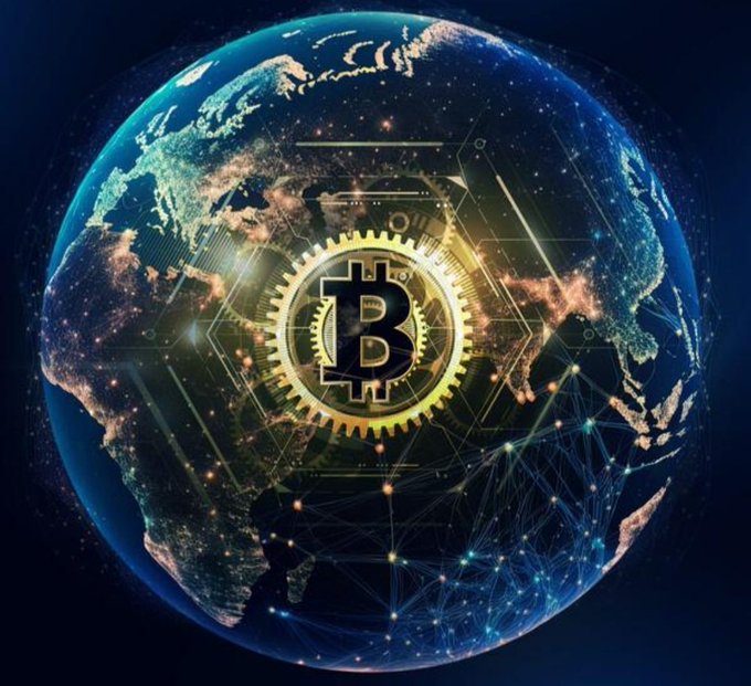 A stylized depiction of Earth from space, overlaid with a golden Bitcoin logo set within a gear and connected by digital network lines.