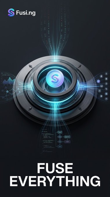 A promotional graphic for 'Fusi.ng' featuring a futuristic metallic circular device with an 'S' logo emitting blue light beams, with the text 'FUSE EVERYTHING' at the bottom.