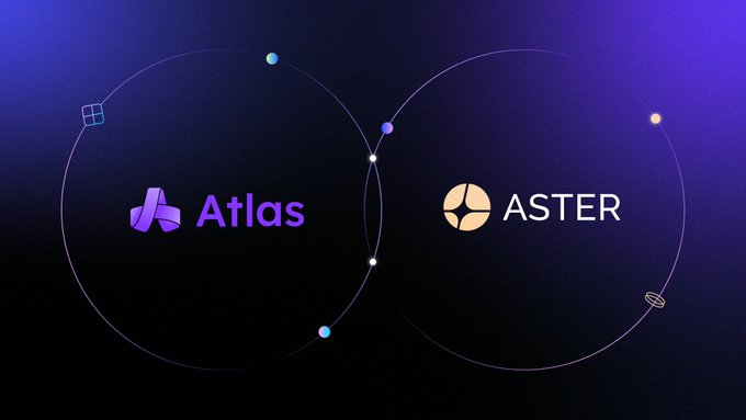 The image displays the logos of "Atlas" and "ASTER" arranged within intersecting orbital rings on a dark purple gradient background, symbolizing a collaboration between the two. This visually reinforces the post's announcement of partnering with @AtlasOracleX to build better market intelligence tools.