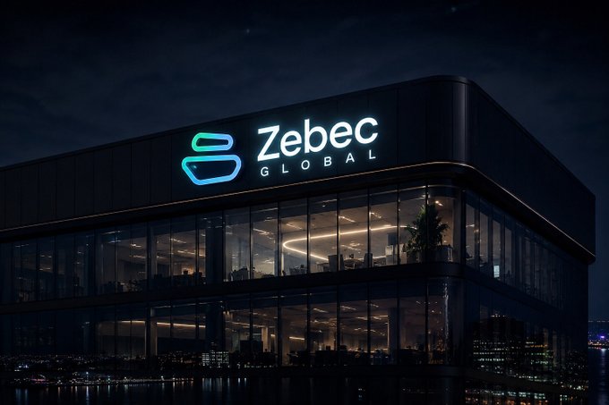 The image features a large building with a neon sign that says "Zebec Global" written in blue letters. The building has many windows, suggesting that it could be an office or warehouse for a company related to payments or finance. The photo is taken at night, and there are lights shining brightly around the building, indicating that it's well-lit even during nighttime hours. The image also includes text that reads "Focus on what is in the image and how it relates to the post". This could be an advertisement for a company related to payments or finance, highlighting their innovative approach to real-time payroll and global payments.