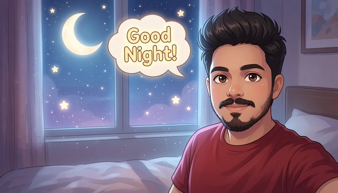 A cartoon-style illustration of a man with a beard in a red shirt saying 'Good Night!' from a speech bubble, with a window showing a crescent moon and stars behind him.