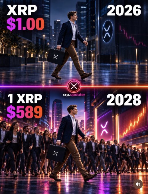 Split-image graphic comparing XRP cryptocurrency at $1.00 in 2026 to a speculative price of $589 in 2028, showing a businessman with an XRP briefcase walking through a neon-lit futuristic city.