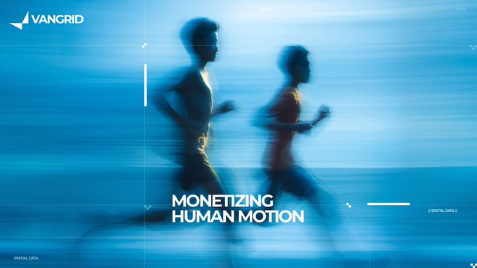 Banner for 'VANGGRID' with the text 'MONETIZING HUMAN MOTION' over a blurred image of two people running.