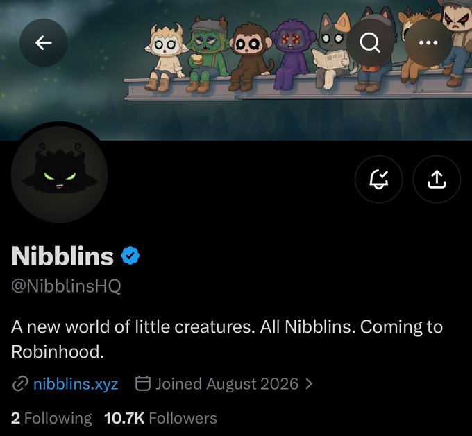 A Twitter profile for "Nibblins" (@NibblinsHQ) features cartoon creatures sitting on a ledge, with the bio reading "A new world of little creatures. All Nibblins. Coming to Robinhood."