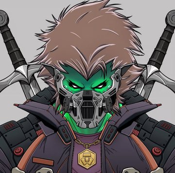 Digital illustration of a green-skinned character with messy brown hair wearing a metal mouth mask, a dark jacket with orange accents, a gold lion medallion, and two katanas on their back.