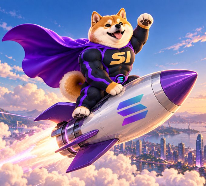 A cartoon Shiba Inu wearing a muscular superhero costume and flowing purple cape rides a rocket emblazoned with the "SI" logo through the clouds above a coastline city, perfectly matching the hype-filled "to the moon" launch announcement with flames blasting from the engine.