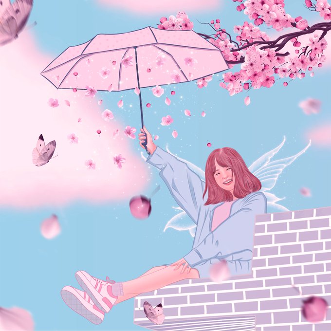 An anime-style digital illustration of a smiling girl with angel wings, pink hair, and a light blue jacket, sitting on a brick ledge while holding a pink umbrella surrounded by falling cherry blossoms and butterflies.