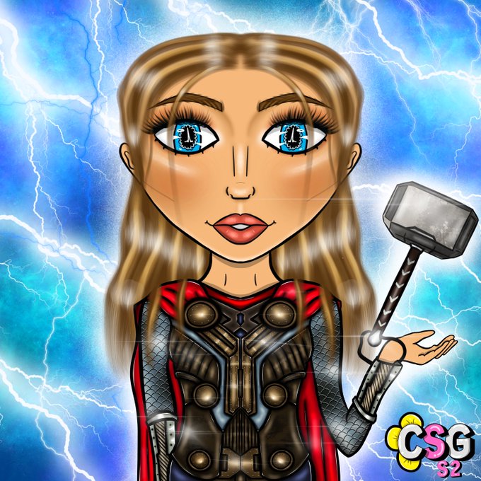 A cartoon illustration of a blonde woman with blue eyes wearing Thor-like armor and a red cape, holding Mjolnir (Thor's hammer) against a dramatic blue lightning background, signed CSG '52.