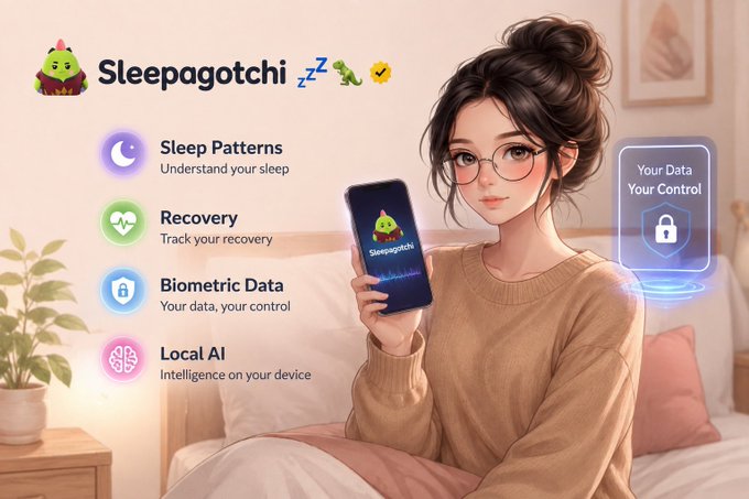 A promotional image for 'Sleepagotchi' featuring an illustrated woman on a bed holding a phone, with features listed: Sleep Patterns, Recovery, Biometric Data, Local AI, and 'Your Data Your Control' badge.