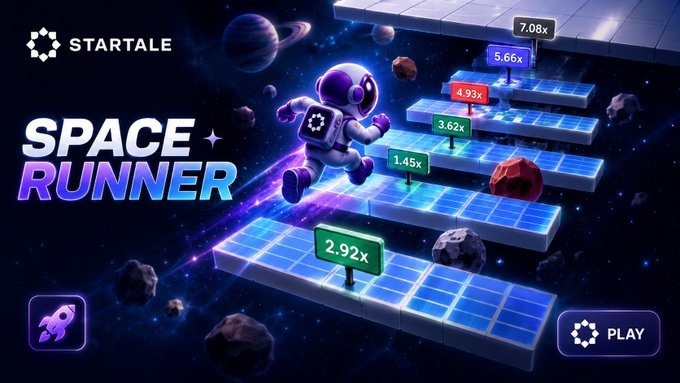 A promotional banner for a game called 'SPACE RUNNER' by STARTALE, depicting an astronaut running across a floating track in space with increasing multiplier values like 2.92x, 4.93x, and 7.08x.