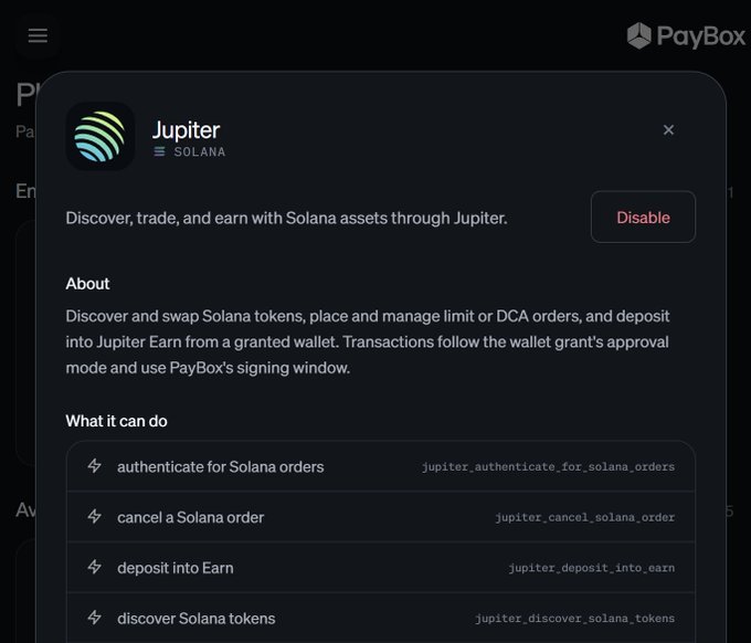 A PayBox app interface displaying a Jupiter (Solana) integration popup, listing capabilities like 'authenticate for Solana orders', 'cancel a Solana order', 'deposit into Earn', and 'discover Solana tokens'.
