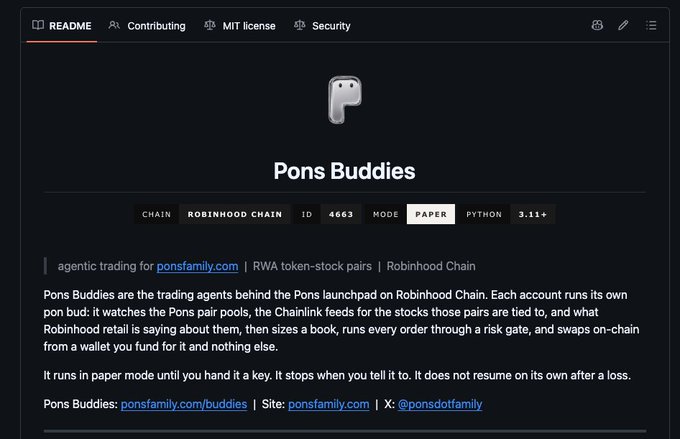 A screenshot of a README page for 'Pons Buddies' on Robinhood Chain (ID 4463), describing agentic trading for ponsfamily.com with RWA token-stock pairs.
