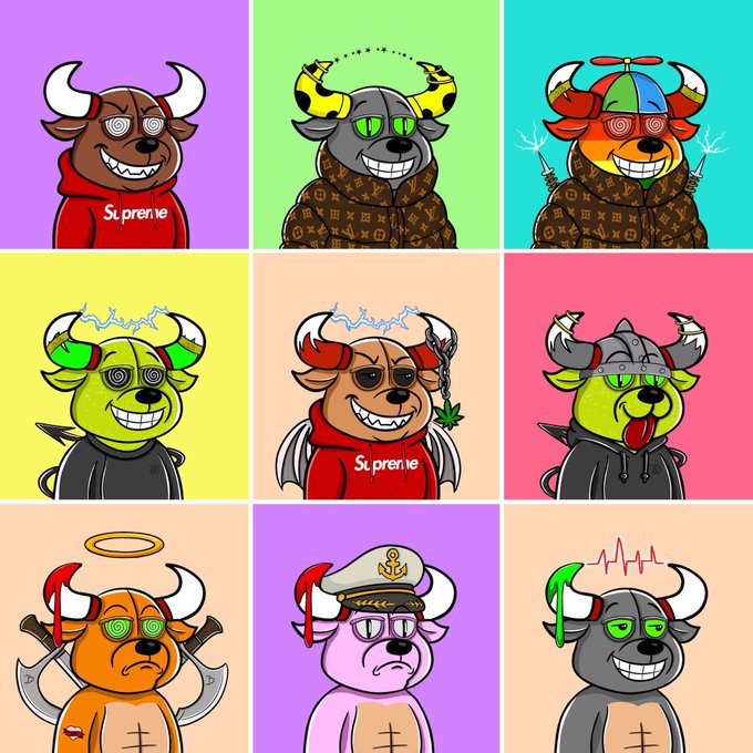 A 3x3 grid of cartoon bull characters, each in a distinct pose and color scheme, featuring accessories like a 'Supreme' hoodie, Louis Vuitton monogram hoodie, a propeller hat, a viking helmet, a halo, an anchor, and a captain's hat, with hypnotic spiral eyes.